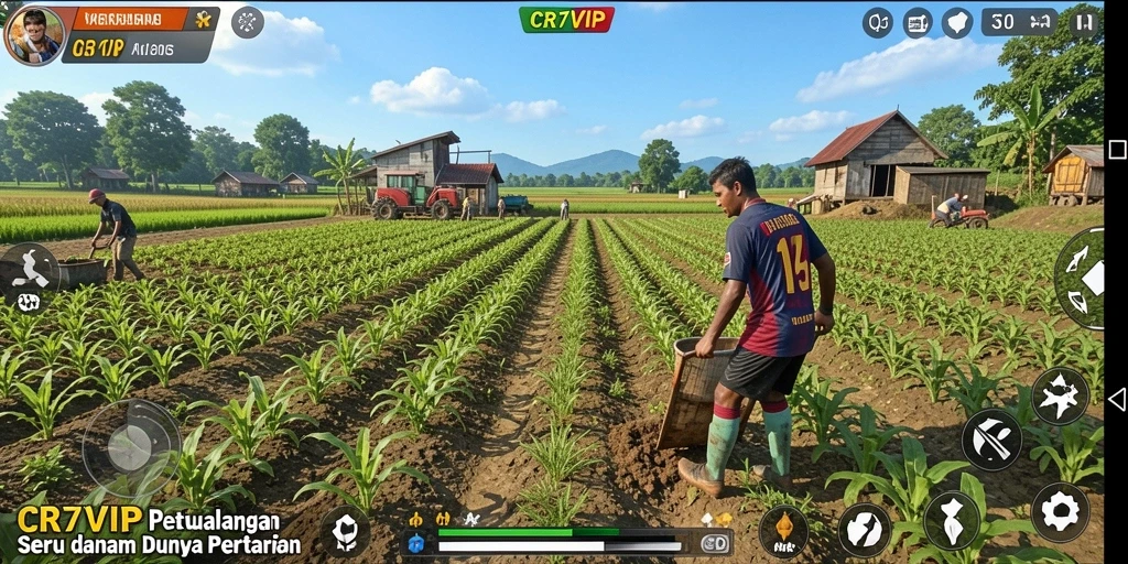 Gameplay seru di dunia pertanian CR7VIP dengan berbagai tanaman dan hewan.