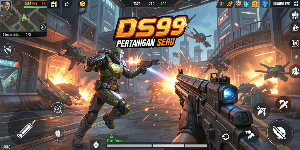 Tampilan gameplay menarik dari DS99 yang menggabungkan strategi dan aksi.