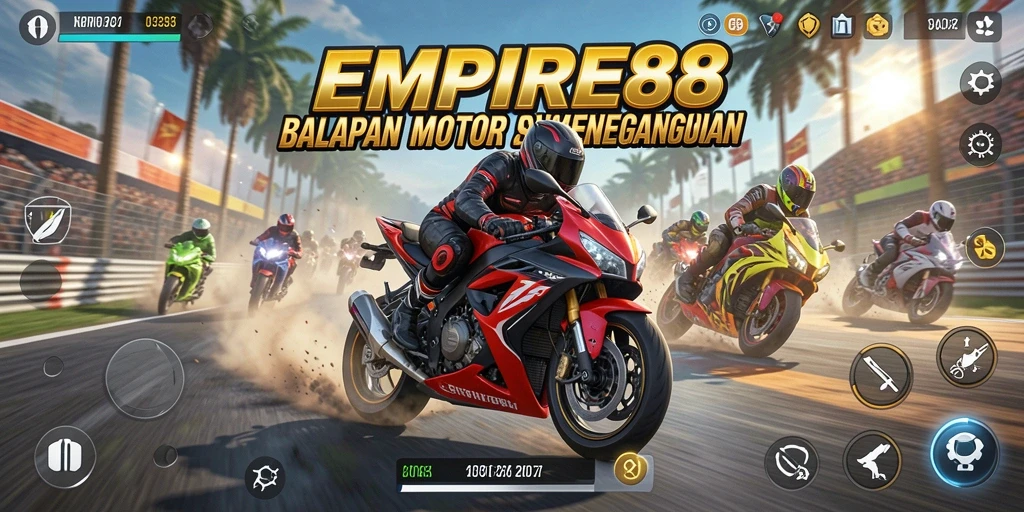Tangkapan layar gameplay EMPIRE88 menampilkan adrenalin tinggi saat balapan motor di trek yang menantang.