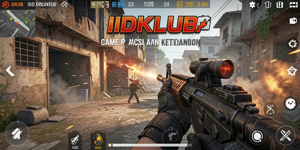 Tampilan gameplay seru IDKLUB di medan pertempuran FPS.