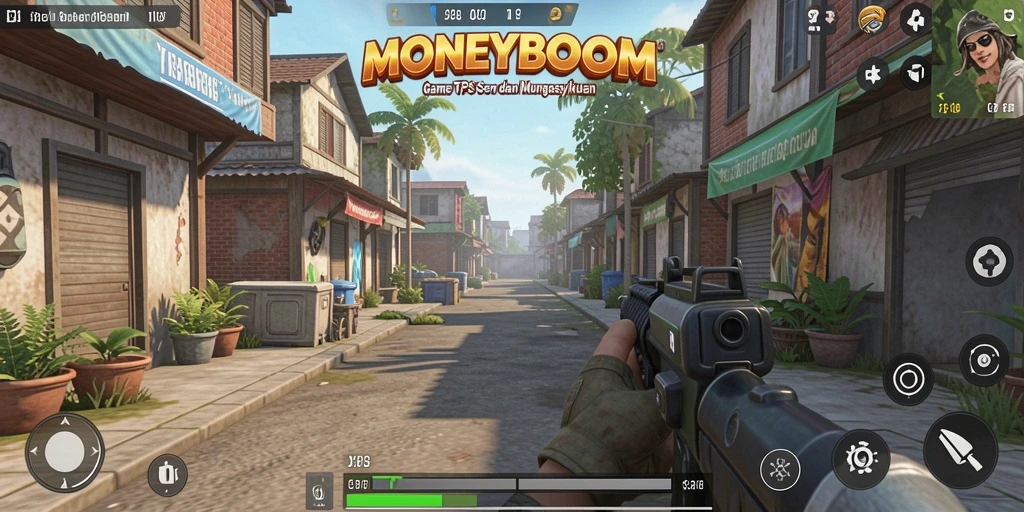 Tampilan menegangkan dari gameplay MONEYBOOM di medan perang.