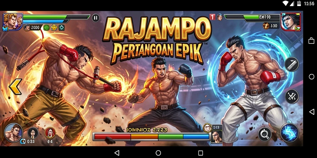 Tampilan seru pertarungan dalam RAJAMPO dengan karakter unik.
