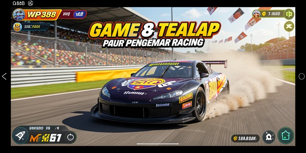 Gameplay WP888 dengan mobil balap yang cepat dan trek menantang.